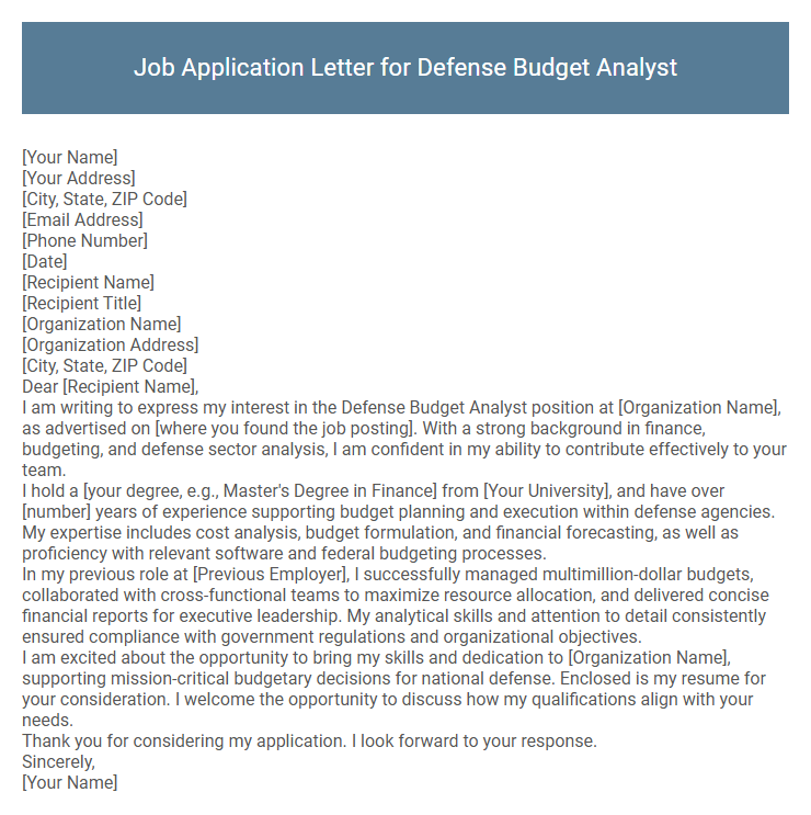 Job Application Letter for Defense Budget Analyst