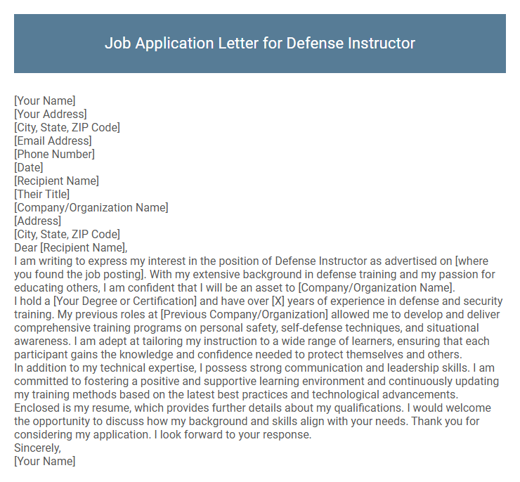 Job Application Letter for Defense Instructor