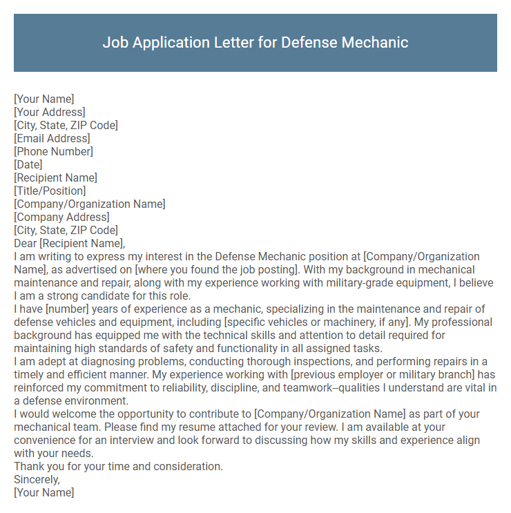 Job Application Letter for Defense Mechanic