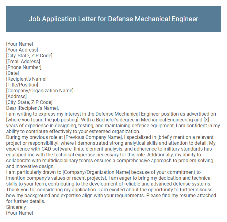 Job Application Letter for Defense Mechanical Engineer