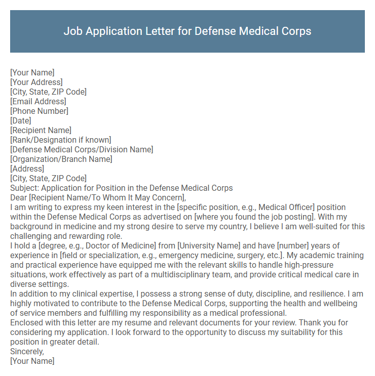 Job Application Letter for Defense Medical Corps