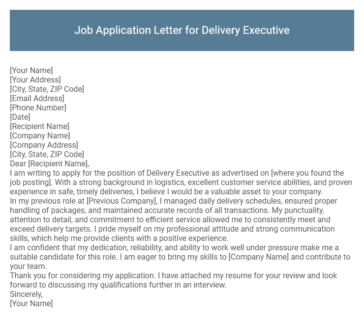 Job Application Letter for Delivery Executive