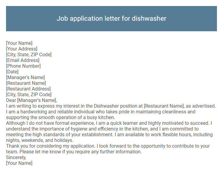 Job application letter for dishwasher