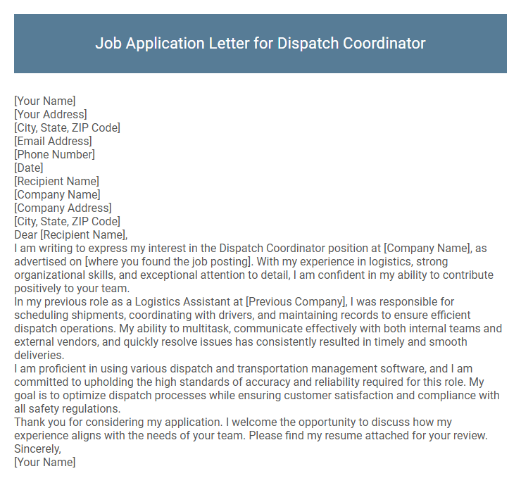 Job Application Letter for Dispatch Coordinator