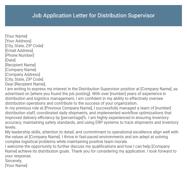 Job Application Letter for Distribution Supervisor