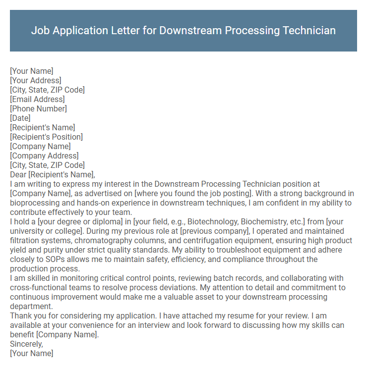 Job Application Letter for Downstream Processing Technician