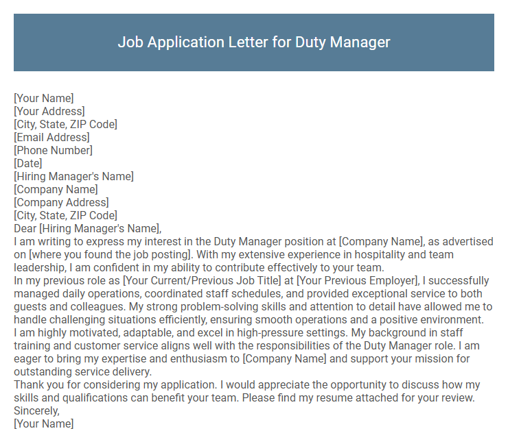 Job Application Letter for Duty Manager