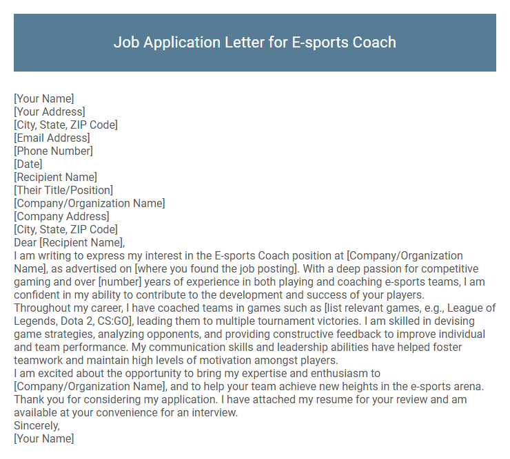 Job Application Letter for E-sports Coach