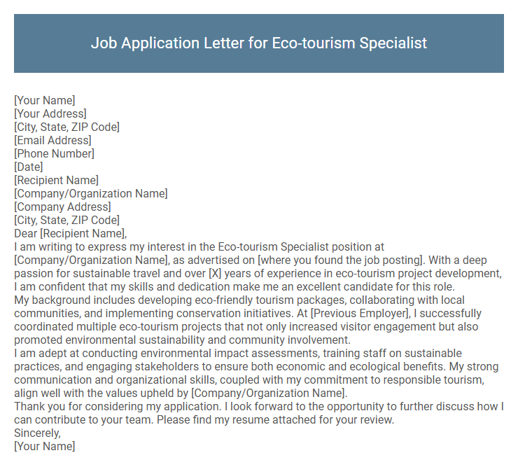 Job Application Letter for Eco-tourism Specialist