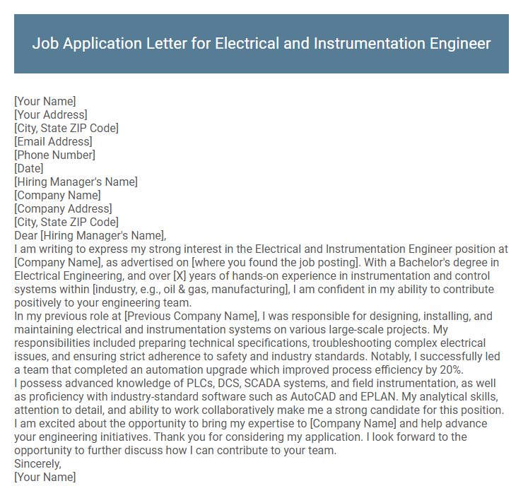 Job Application Letter for Electrical and Instrumentation Engineer