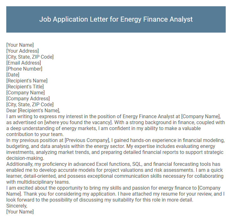Job Application Letter for Energy Finance Analyst