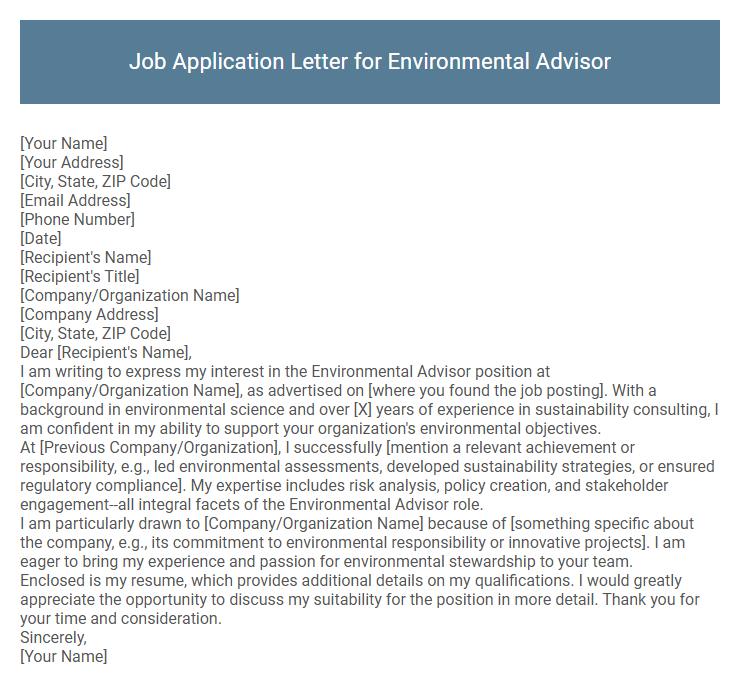 Job Application Letter for Environmental Advisor