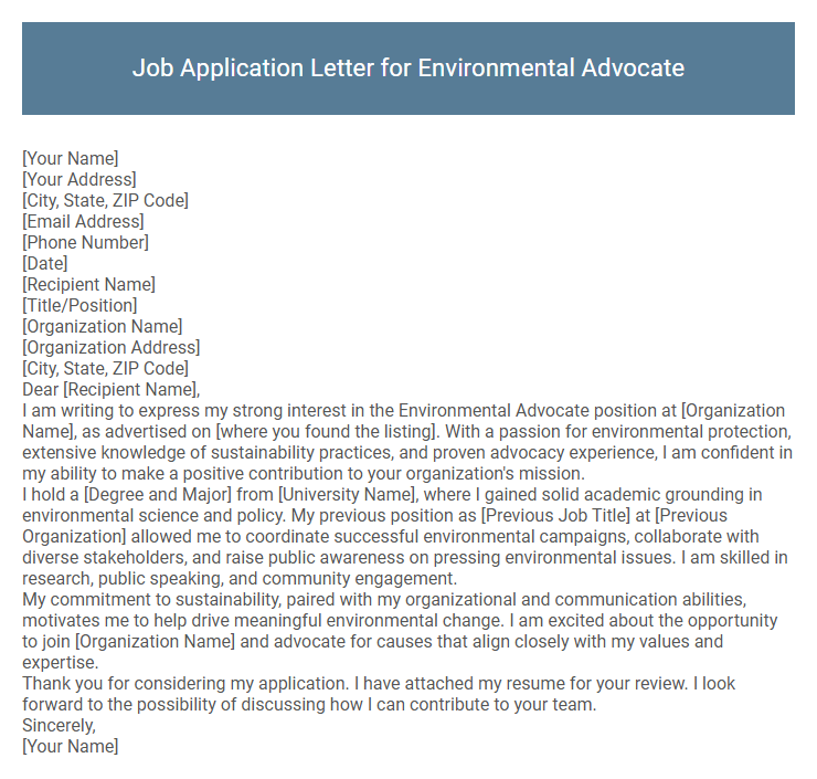 Job Application Letter for Environmental Advocate