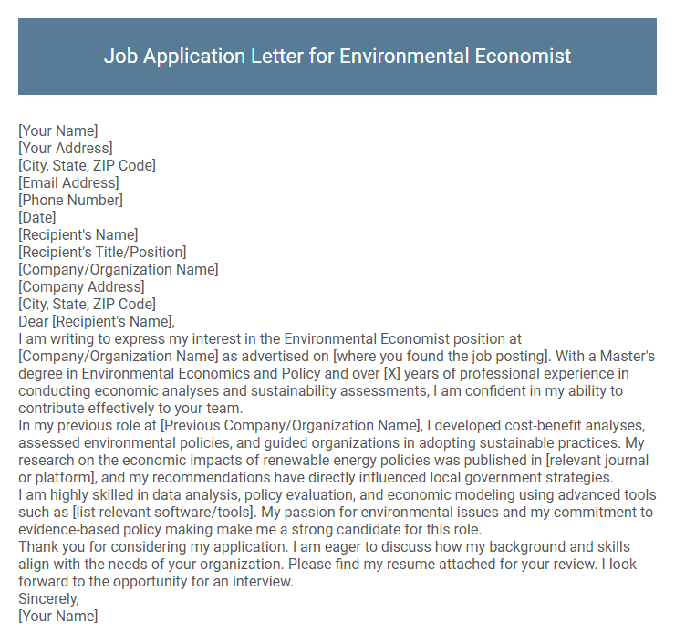 Job Application Letter for Environmental Economist