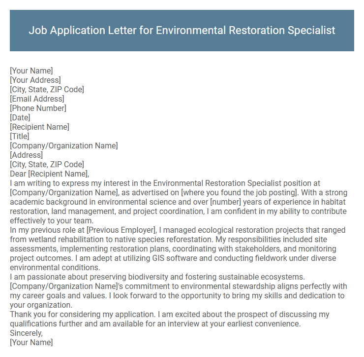 Job Application Letter for Environmental Restoration Specialist