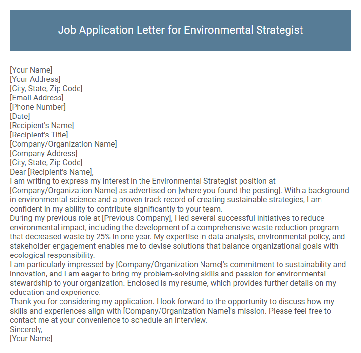 Job Application Letter for Environmental Strategist