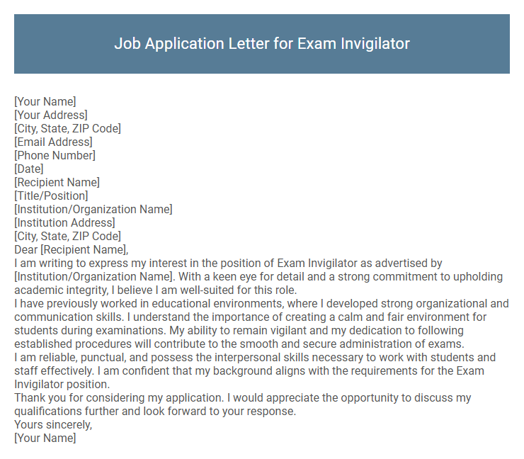 Job Application Letter for Exam Invigilator