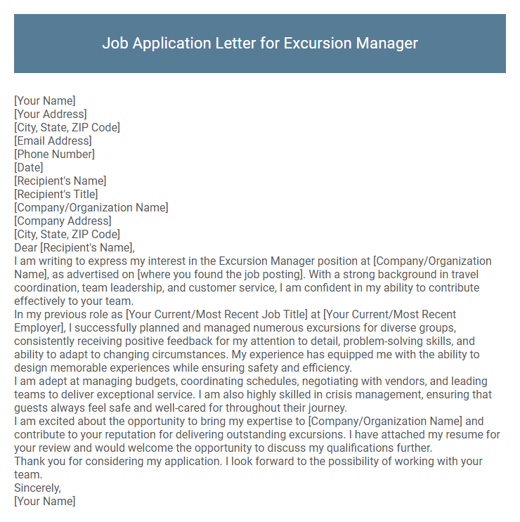 Job Application Letter for Excursion Manager