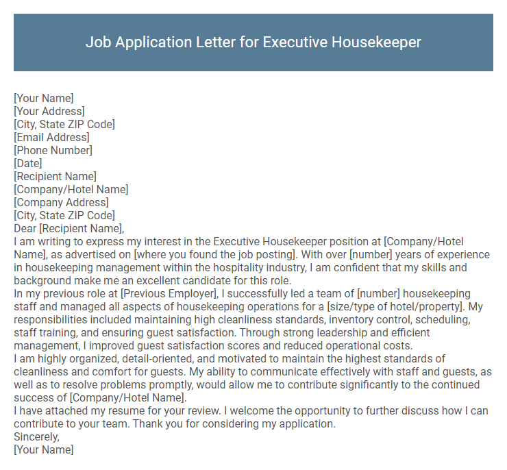 Job Application Letter for Executive Housekeeper