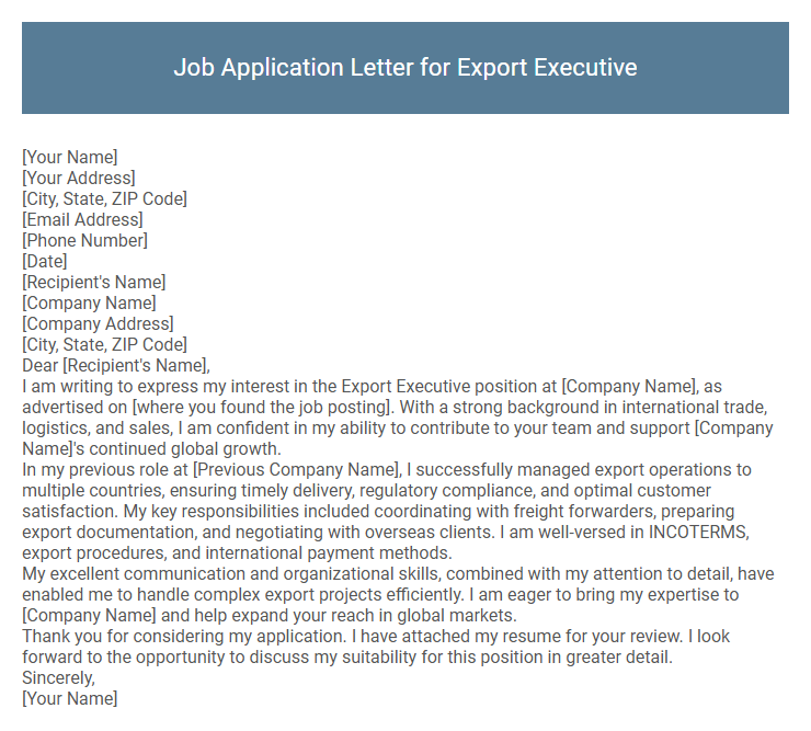 Job Application Letter for Export Executive