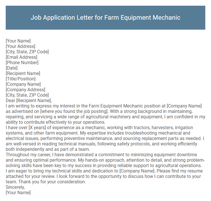 Job Application Letter for Farm Equipment Mechanic