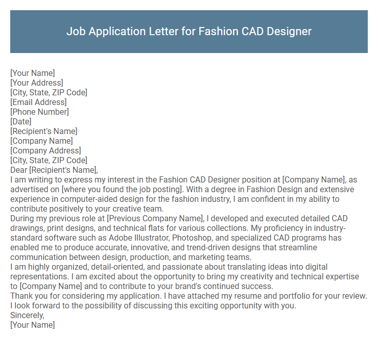 Job Application Letter for Fashion CAD Designer
