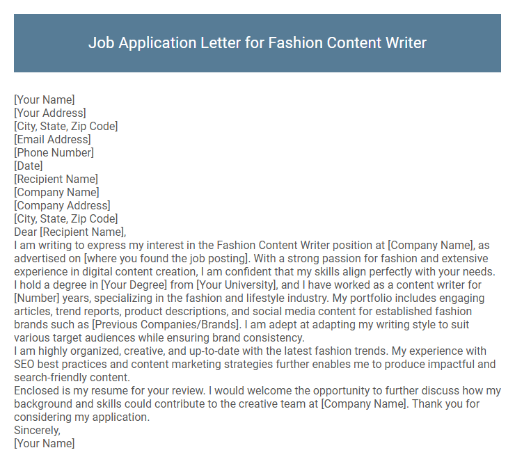 Job Application Letter for Fashion Content Writer