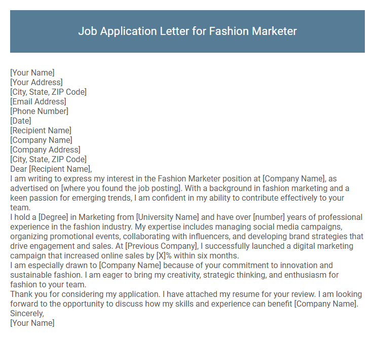 Job Application Letter for Fashion Marketer
