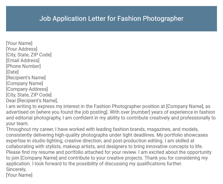 Job Application Letter for Fashion Photographer
