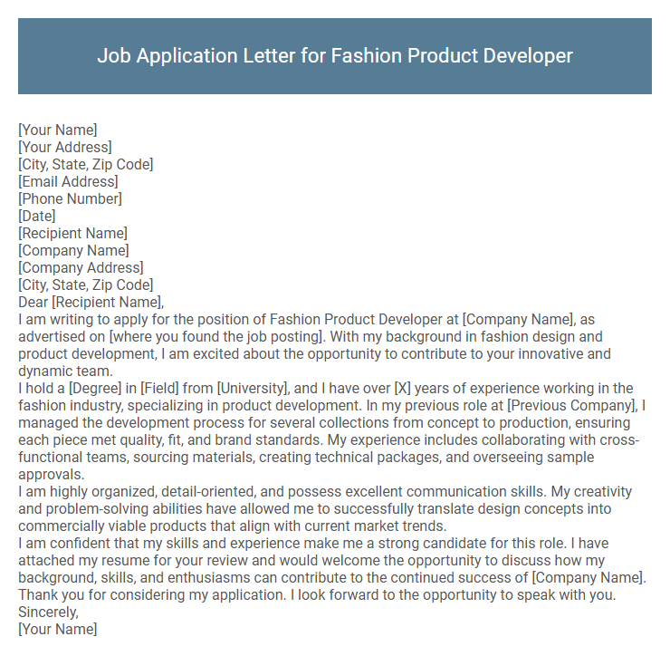 Job Application Letter for Fashion Product Developer