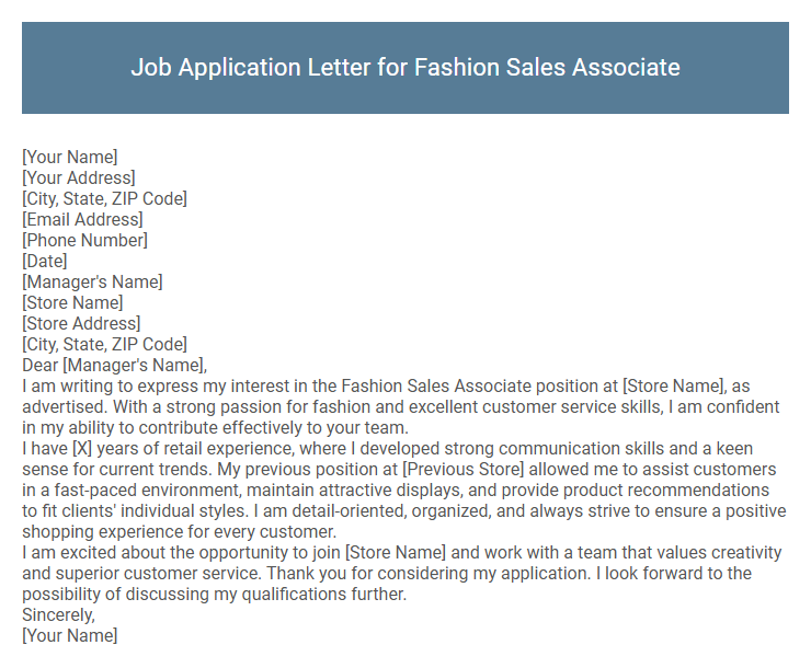 Job Application Letter for Fashion Sales Associate