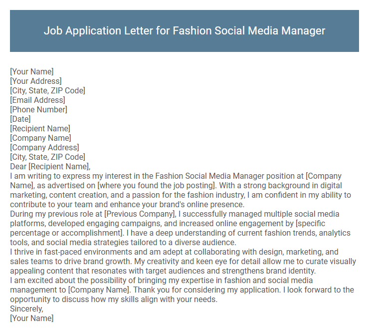 Job Application Letter for Fashion Social Media Manager
