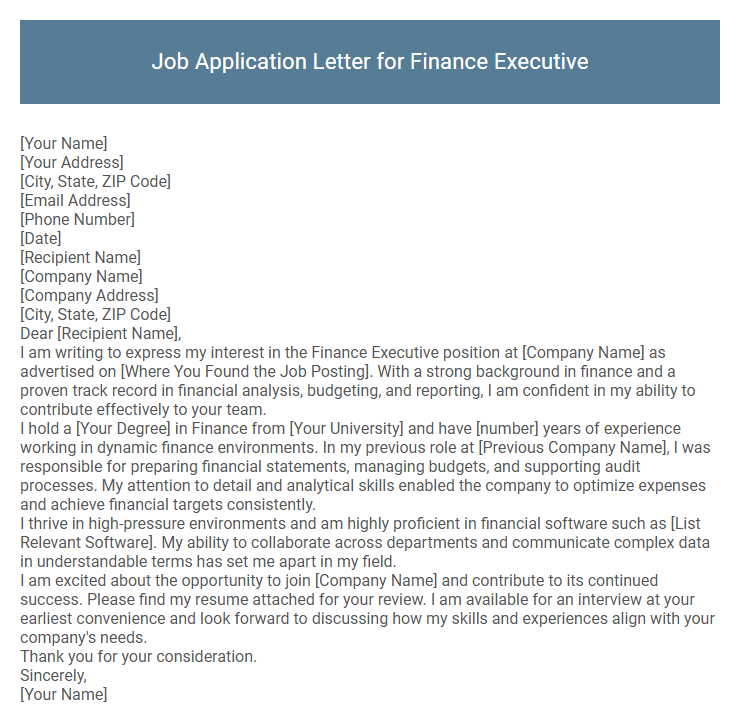 Job Application Letter for Finance Executive