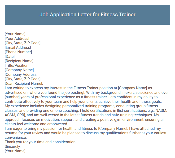Job Application Letter for Fitness Trainer
