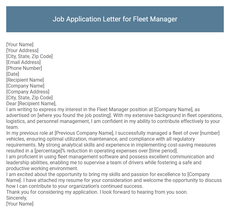 Job Application Letter for Fleet Manager