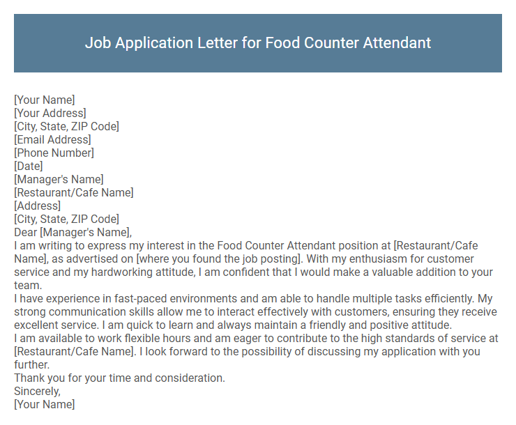 Job Application Letter for Food Counter Attendant