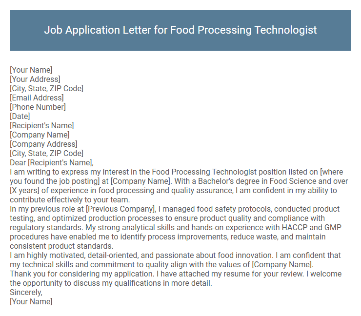 Job Application Letter for Food Processing Technologist