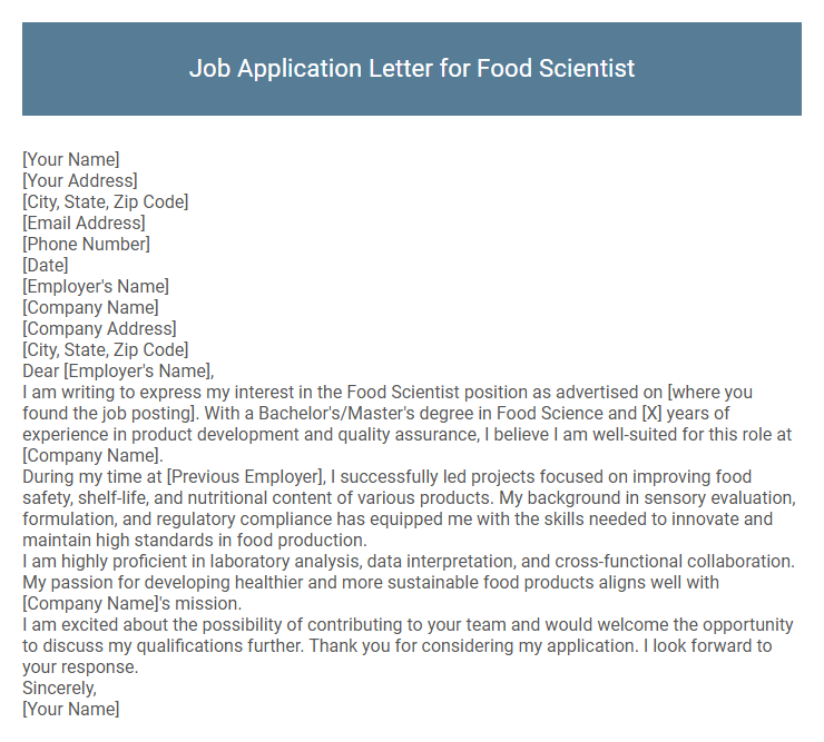 Job Application Letter for Food Scientist