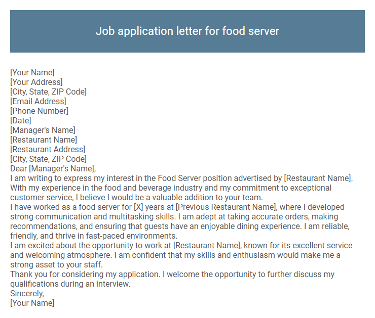 Job application letter for food server