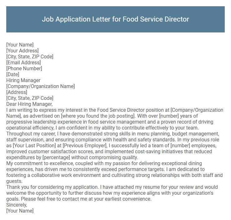 Job Application Letter for Food Service Director