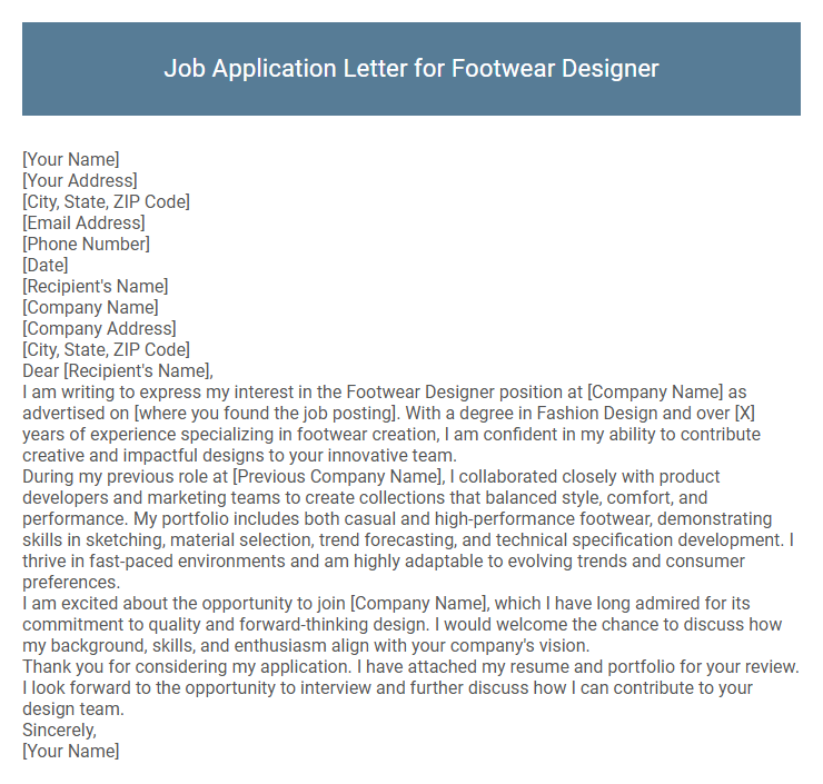 Job Application Letter for Footwear Designer