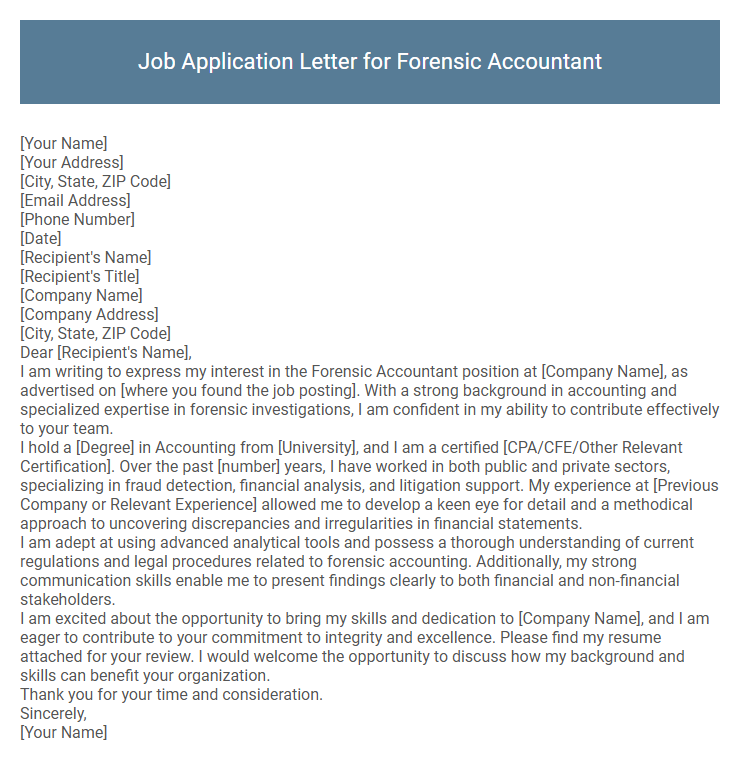 Job Application Letter for Forensic Accountant