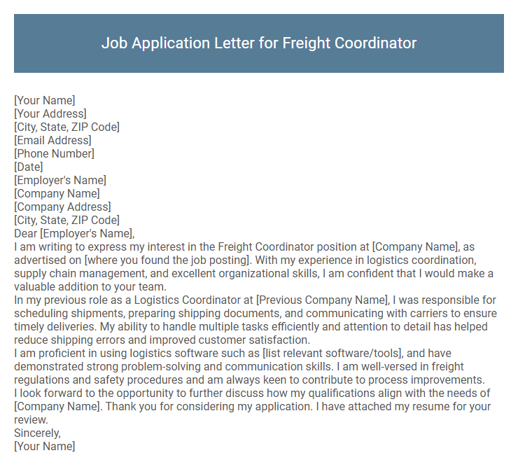 Job Application Letter for Freight Coordinator