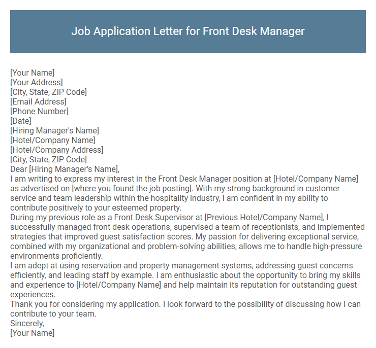 Job Application Letter for Front Desk Manager