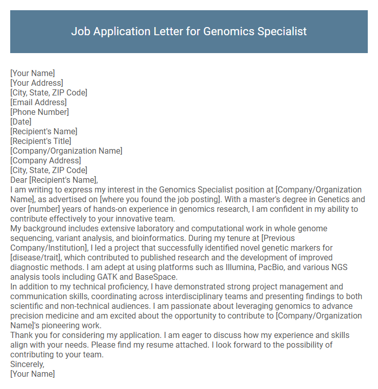 Job Application Letter for Genomics Specialist