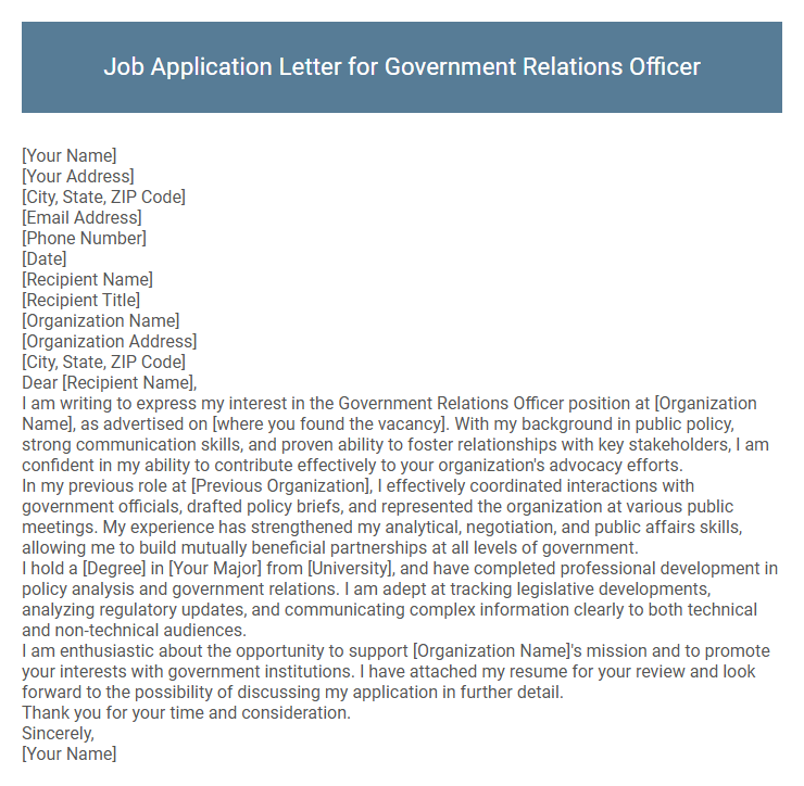 Job Application Letter for Government Relations Officer
