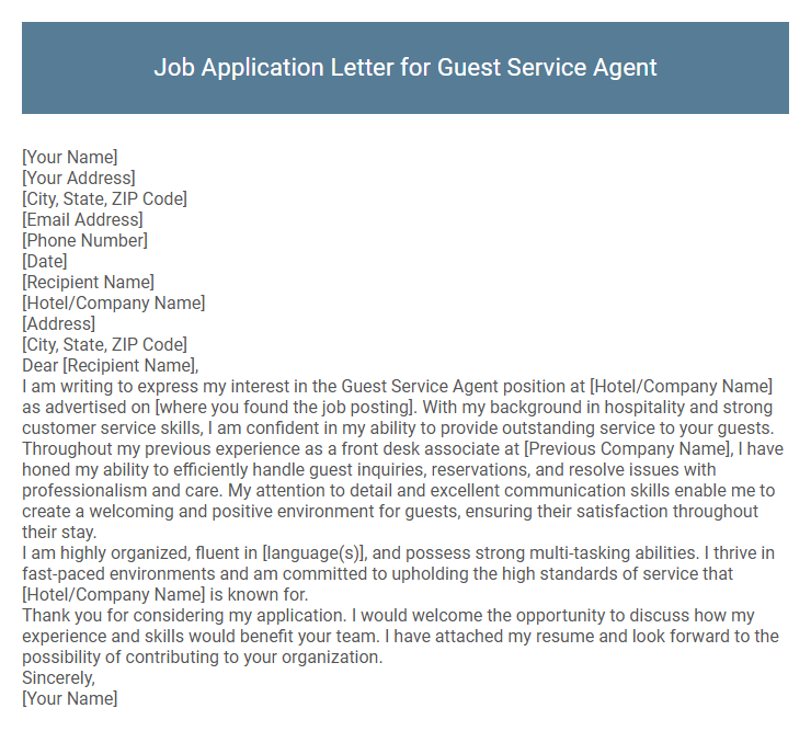 Job Application Letter for Guest Service Agent