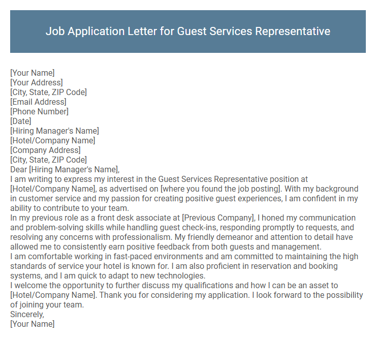 Job Application Letter for Guest Services Representative
