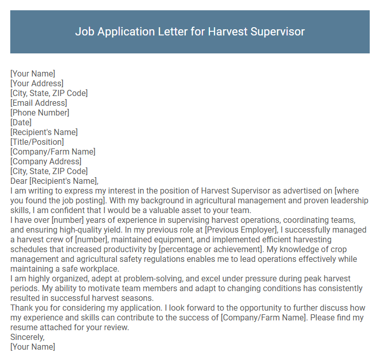 Job Application Letter for Harvest Supervisor