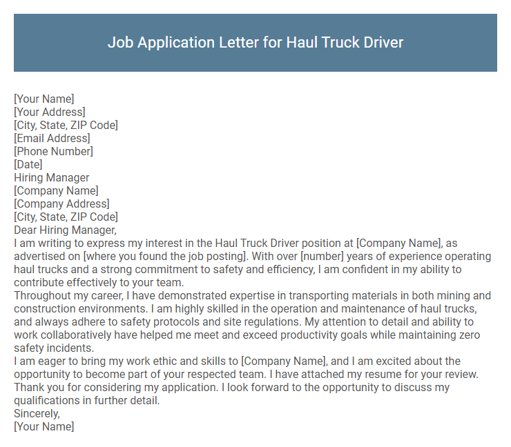 Job Application Letter for Haul Truck Driver
